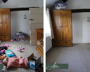 Before & after transformation picture of a children's bedroom after being decluttered & organised