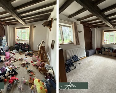 Before & after transformation picture of a children's playroom after being decluttered & organised