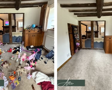 Before & after transformation picture of a children's playroom after being decluttered & organised