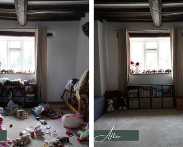 Before & after transformation picture of a children's playroom after being decluttered & organised