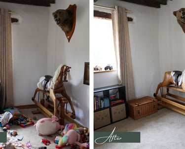 Before & after transformation picture of a children's playroom after being decluttered & organised