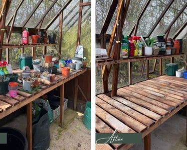 Before & after transformation picture of a greenhouse after being decluttered & organised