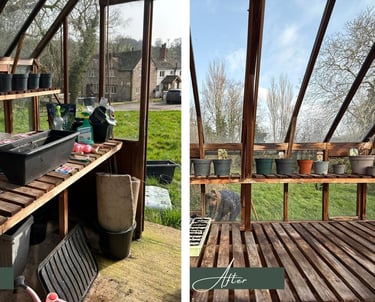 Before & after transformation picture of a greenhouse after being decluttered & organised
