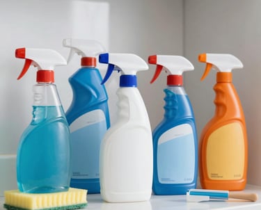 Professional cleaning products neatly arranged in a modern warehouse environment.