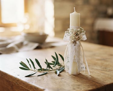 Vela blanca de bautismo elegante con encaje y flores sobre una mesa rústica de madera.