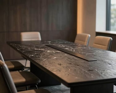A modern boardroom in South America with dark stone table, soft amber accents.