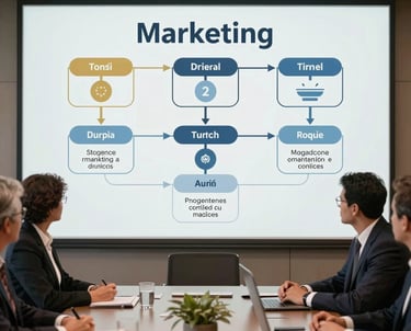 Professional photo of a business meeting in Brazil, subtle, elegant presentation, highlighting structured marketing funnel map.