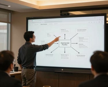 South American agile consultant guiding a digital process mapping workshop in a premium office setting with warm gold lights.