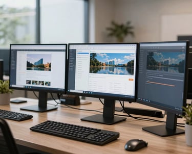 Modern elegant workspace in Jaraguá do Sul, Brazil, displaying bright interface layout concepts on high-end screens.