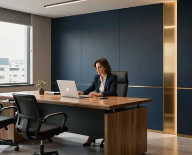 A beautifully lit modern office in Santa Catarina, Brazil, reflecting professionalism and calm strategic execution, deep slate colors with gold hue.