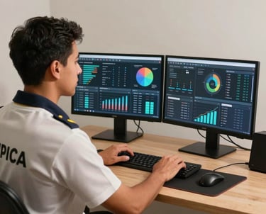 A professional South American male traffic manager working on high-performance analytics dashboards, luxury studio.