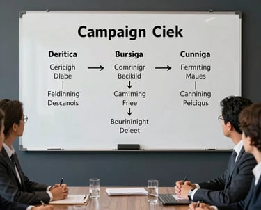Executive meeting with a whiteboard showcasing clear campaign steps, dark slate background, professional Brazilian tone.