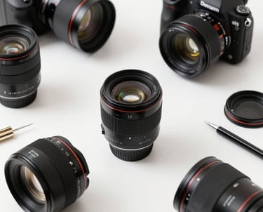 High-end corporate portrait style setup of clean photographic gear and creative workspace tools.