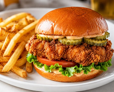 Crispy fried chicken sandwich with pickles, lettuce, and tomato served with a side of golden french fries.