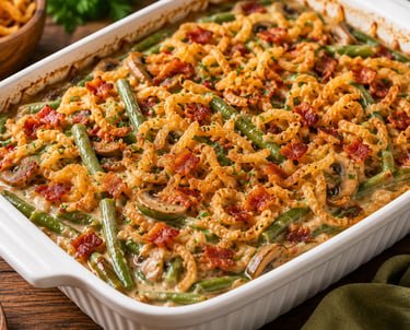 Creamy homemade green bean casserole topped with crispy fried onions, mushrooms, and bacon bits in a white baking dish.