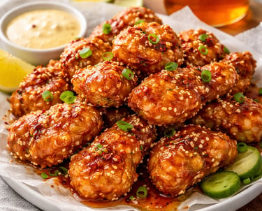 Crispy honey garlic chicken wings topped with sesame seeds and green onions on a platter.