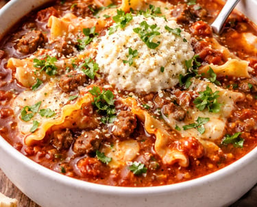 A bowl of hearty lasagna soup topped with a dollop of ricotta cheese, fresh parsley, and parmesan.