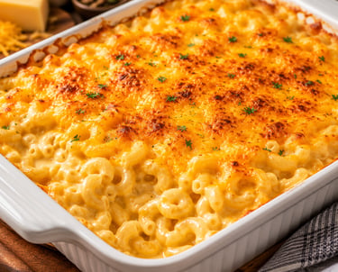 Golden baked macaroni and cheese in a white ceramic dish with a crispy cheddar crust and fresh herbs.