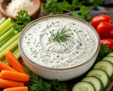 A creamy homemade herb dip in a bowl served with fresh carrots, celery, and cucumber slices.