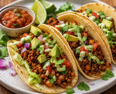 Three ground beef street tacos with avocado, salsa, and cilantro lime crema on corn tortillas.