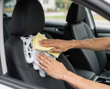 A professional vacuuming the interior of a car with sunlight streaming through the windows.
