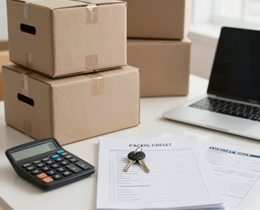 Move-in budgeting checklist with moving boxes, calculator, and apartment expense planning tools