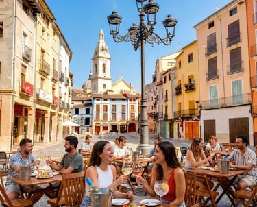 Gente disfrutando de copas de vino Cola de Gallo en una terraza de la Plaza del Mercat de Xàtiva, Va