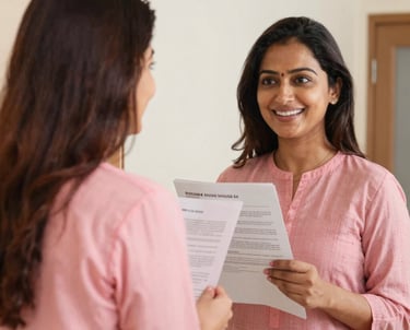 A woman using a laptop with financial charts and AI icons floating around her.