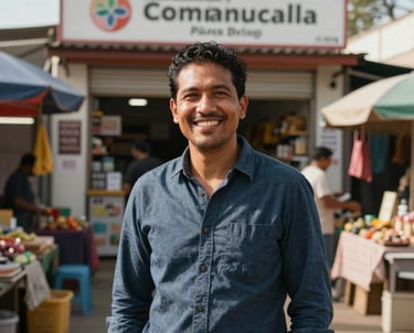 A successful local entrepreneur proudly standing in front of their small business in a vibrant market, International / Diverse Communities. Clear, sharp photography with warm lighting emphasizing success and growth.