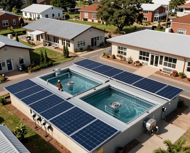 Sustainable infrastructure such as solar panels and water filtration systems integrated into a community center, sun-drenched outdoor setting, International / Diverse Communities. Professional architectural photography style.