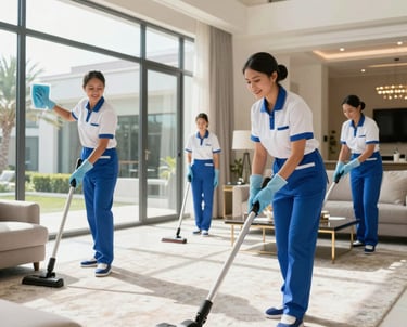 A professional cleaner using eco-friendly products to polish a modern office desk in bright daylight.