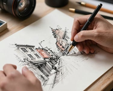 A close-up of hands sketching a detailed urban streetscape with ink and watercolors on textured paper in a well-lit studio.