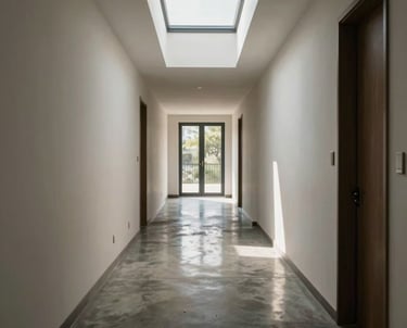An interior photo of a residential hallway with high ceilings and polished concrete floors, reflecting natural light from high clerestory windows.