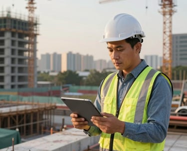 A Southeast Asian project manager reviewing site progress with a digital tablet on a modern construction site during the morning golden hour.