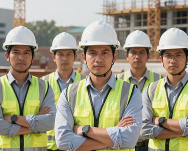 A professional group photo of a diverse Southeast Asian engineering team wearing hard hats on a sunny construction site, looking confident and professional.