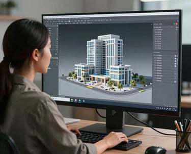 A Southeast Asian woman in a modern design studio, working on a complex digital 3D model of a building on a large monitor.