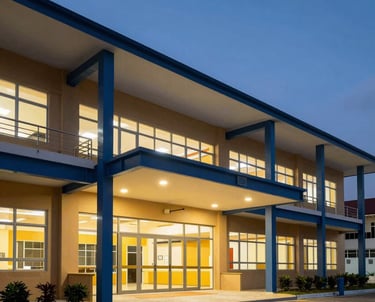 A twilight architectural photograph of a modern community school in the Philippines, with a glowing Warm Gold entrance and Steel Blue structural beams.