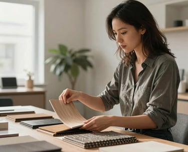 A professional interior designer in a light-filled office, selecting material samples like wood, steel, and fabric for a new residential project.