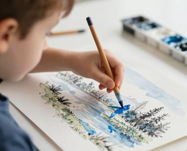 A close-up of a child's hand carefully applying a blue watercolor wash to a landscape sketch in a bright, modern studio setting.