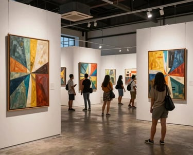 A wide shot of a community art exhibition in a modern hall in the Philippines, featuring large abstract paintings and local visitors.
