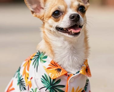 Un adorable perro chihuahua con una camisa hawaiana estampada con palmeras tropicales sentado