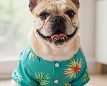 bulldog francés con una camisa hawaiana tropical de color turquesa sentado