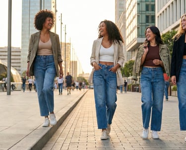 women walking in denim jeans