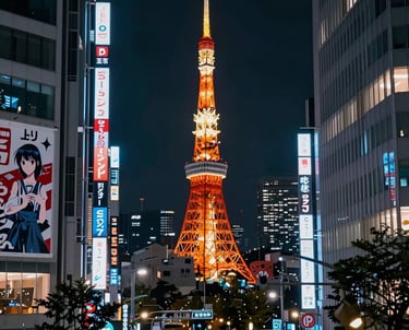 A vibrant neon-lit Tokyo street blending anime and cyberpunk aesthetics with subtle bookshop elements.
