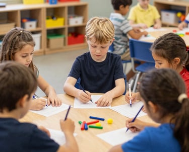 A bright classroom with toddlers engaged in playful learning activities, showcasing diversity and warmth.