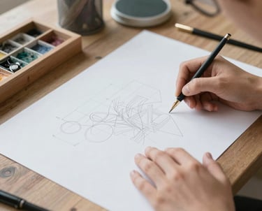 A creative workspace with colorful design sketches and a laptop displaying a logo concept.