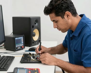 Close-up of hands repairing a musical instrument with specialized tools.