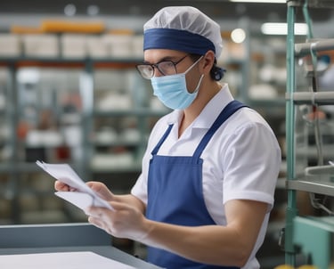 A professional conducting a detailed food quality audit in a factory setting.
