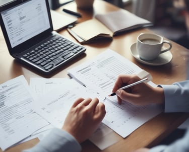 An accountant working on financial documents with a calculator and laptop.