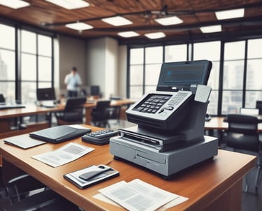 Payroll specialist calculating employee salaries at a modern office desk.